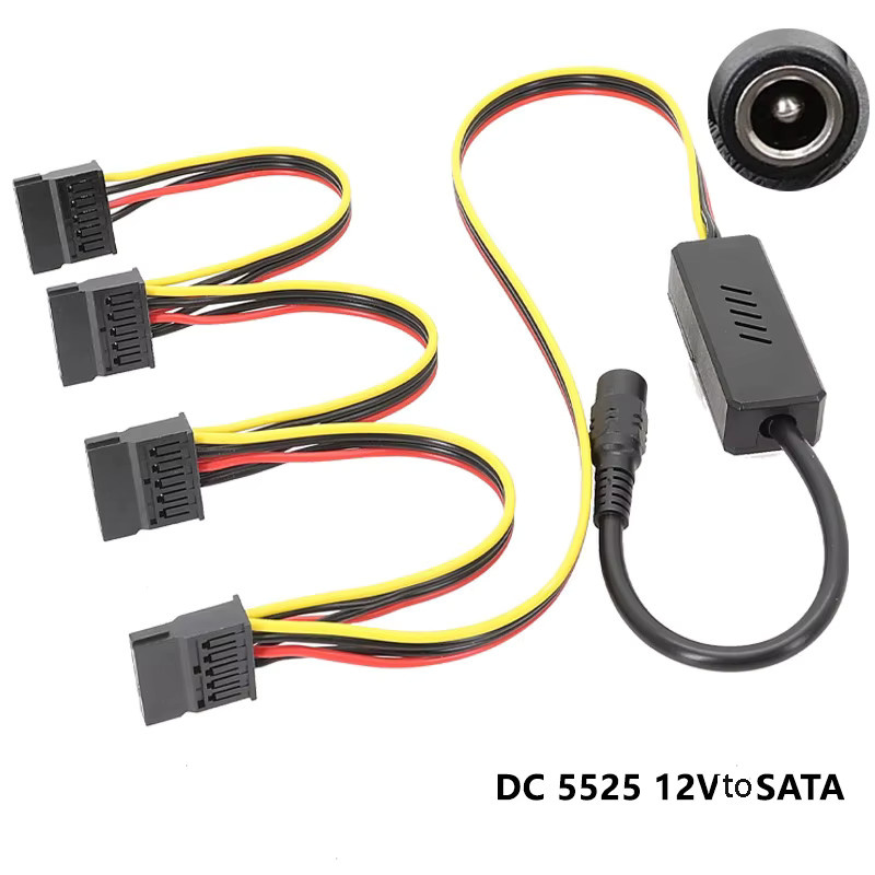 OULLX DC-zu-SATA-Konverterkabel Schwarz, 5,5 x 2,5 mm DC5525 auf 4-Port SATA-Splitter für HDD-Netzteil-Anschluss, 12 V - Bild 2