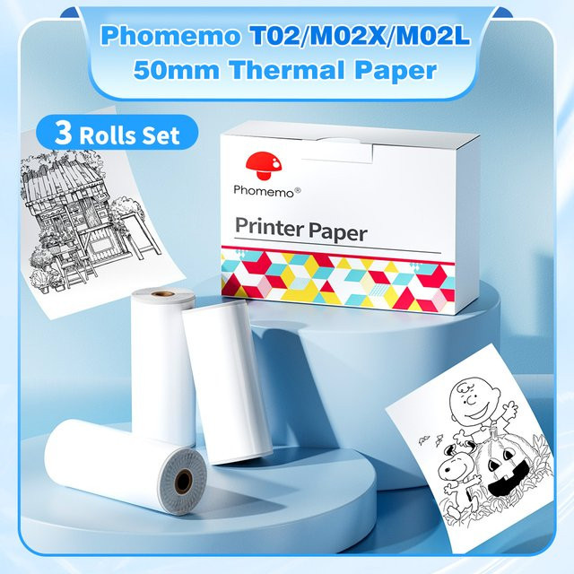 3 Rollen Phomemo Thermo Etikettenpapier in Weiß für tragbare Mini Drucker T02 und M02L, Breite: 50 mm - Bild 1
