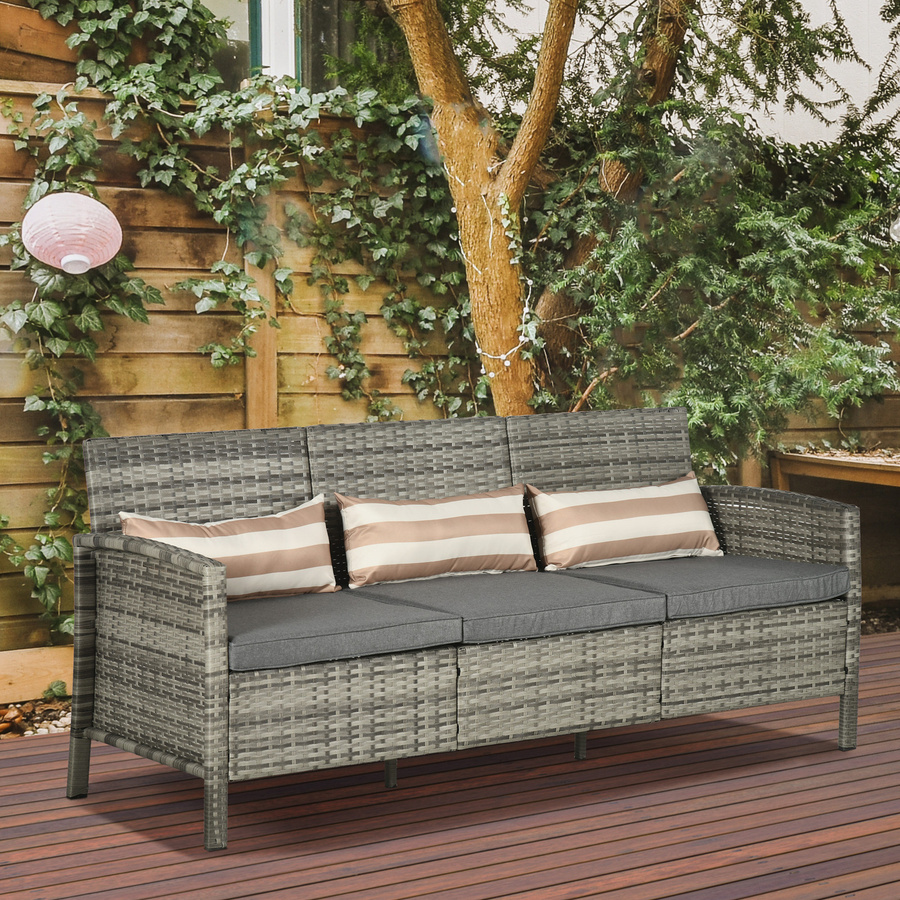 Outsunny Rattan Garten Loungesofa Dreisitzer mit Kissen, Grau, B/T/H: 173 x 68 x 78 cm - Bild 2