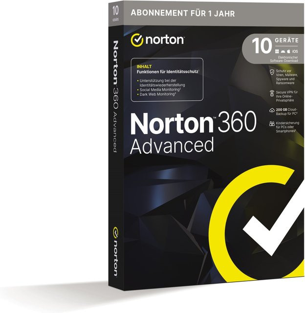 Norton 360 Advanced Antivirus Security Subscription für 10 Geräte, 1 Jahr, Windows, Schwarz - Bild 1