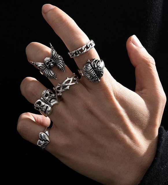 Ring Set, Schädel & Gehirn Herz, Legierung, brown, Herren - Bild 1