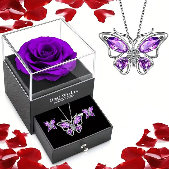 Elegante künstliche Rosenbox in Lila mit Herz-Halskette als Geschenkset - Bild 1