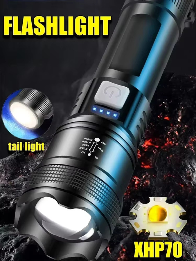 KDULIT P70 LED Taschenlampe in Schwarz mit 5000 lm, USB wiederaufladbar, taktisches Aluminium-Licht mit Teleskop-Zoom und eingebautem Akku - Bild 6