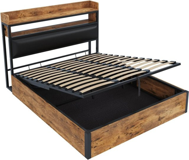 okwish Bettrahmen mit Stauraum und Lift-up-Funktion in Schwarz und Braun, B/T/H: 180 x 200 x 40 cm (Liegefläche) oder Gesamtmaße: 218,5 x 180 x 112 cm - Bild 1