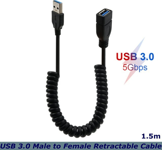 BSN USB 3.0 Feder-Teleskop-Verlängerungskabel in Schwarz, Länge: 1,5 m, USB-A Stecker auf Buchse für Computer-Maus, Tastatur und U-Disk - Bild 1