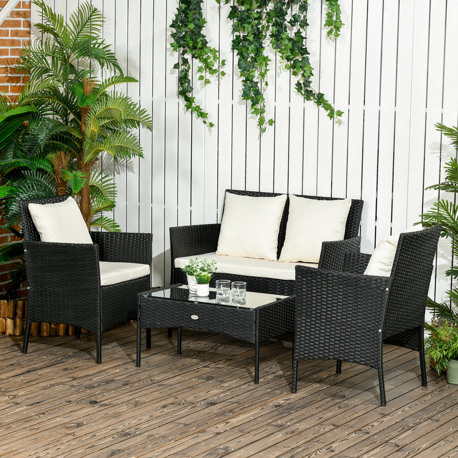 Outsunny Gartenmöbel-Set 4-teilig aus Rattan mit 2 Sesseln, 2-Sitzer-Sofa und Kaffeetisch in Schwarz und Beige mit Polstern und Metallgestell - Bild 2