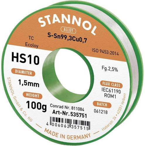 Stannol HS10 2510 Bleifreies Lötzinn Sn99,3Cu0,7 ROM1 in Silber, 100g, 1,5mm - Bild 1