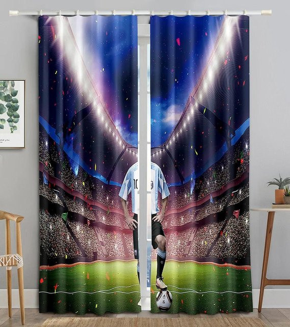 Fußball Fenster Vorhänge mit 3D Design und Flaggen-Motiv in Rot Weiß Blau und Lichtgrau, 2er Set mit Haken, B: 50 cm, H: 160 cm - Bild 1