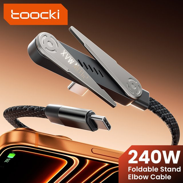 Toocki 240W USB-C Kabel mit integriertem klappbarem Desktop-Telefonhalter in Schwarz - Bild 1