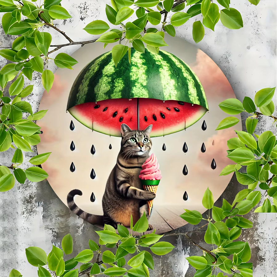 Potdemiel Metallschild mit Katzen- und Wassermelonen-Regenschirm-Motiv, Dekoration in Mehrfarbig, B/H: 20 x 20 cm - Bild 5
