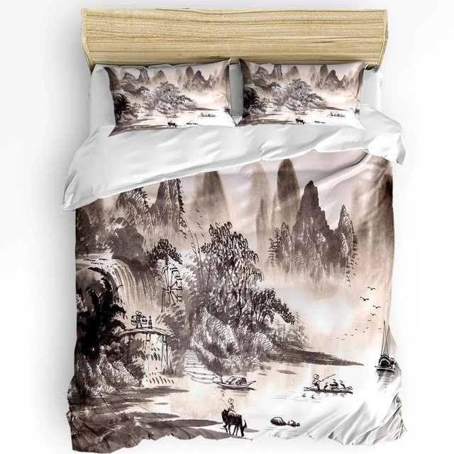 JMG Household Supplies Bettwäsche-Set mit Berg, Schnee, Wolf und Baum Motiv aus Mikrofaser, Mehrfarbig, B/H: 135 x 200 cm - Bild 1
