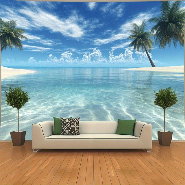 VIKAMA Wandteppich Tropische Insel mit blauem Meerwasser und Kokospalmen-Landschaft zur Raumdekoration - Bild 1