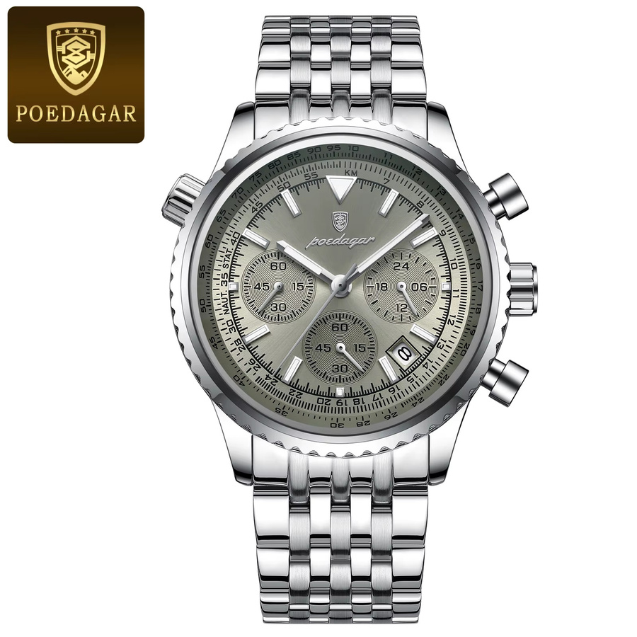 POEDAGAR Armbanduhr, Chronograph, Quarz, Edelstahl, Silber, Herren - Bild 7