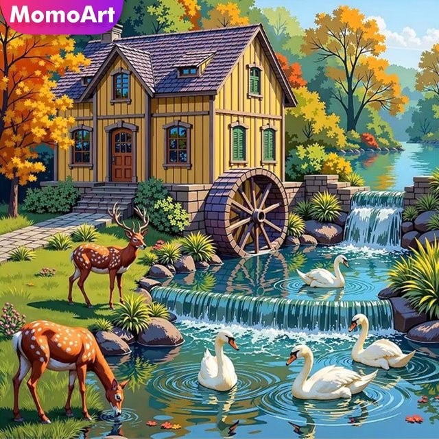 Momoart Diamantmalerei Haus-Landschaft DIY Diamant-Mosaik-Bild mit Fluss und Tieren in Mehrfarbig - Bild 1