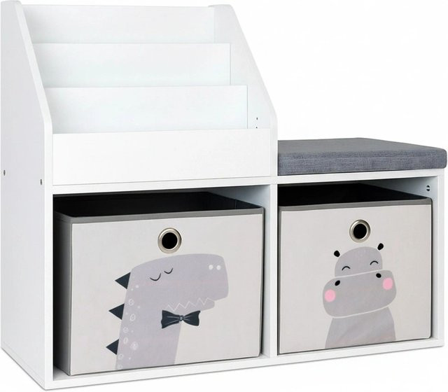 Relaxdays Kinderbank mit integriertem Bücherregal und Sitzkissen in Weiß und Grau, B/T/H: 72 x 79 x 31 cm - Bild 1