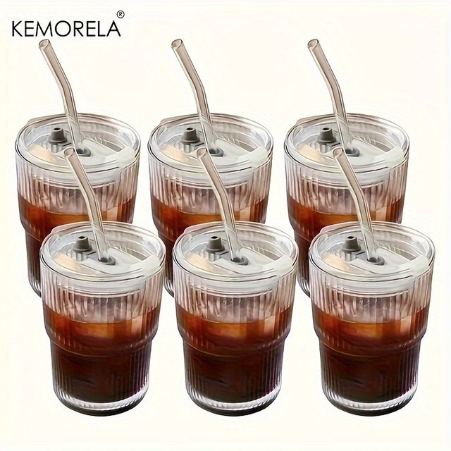 KEMORELA Streifen Glas Tasse mit Deckel und Stroh, transparent, 450 ml - Bild 1