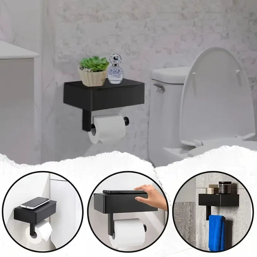 Ouelico Toilettenpapierhalter aus Edelstahl in Schwarz zur Wandmontage mit Ablagefach und Feuchttücher-Spender - Bild 4