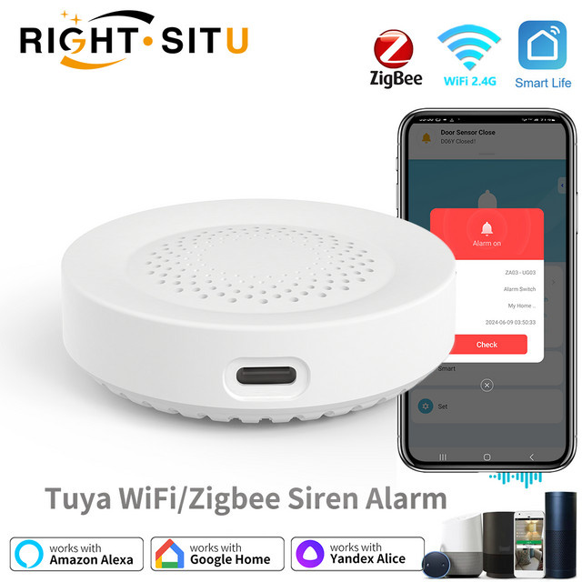 RightSitu Tuya Zigbee WiFi Sirenenalarm für Smart Home Security in Weiß mit 100 dB Lautsprecher, kompatibel mit Alexa und Yandex Alice, erfordert Tuya Zigbee Hub - Bild 1