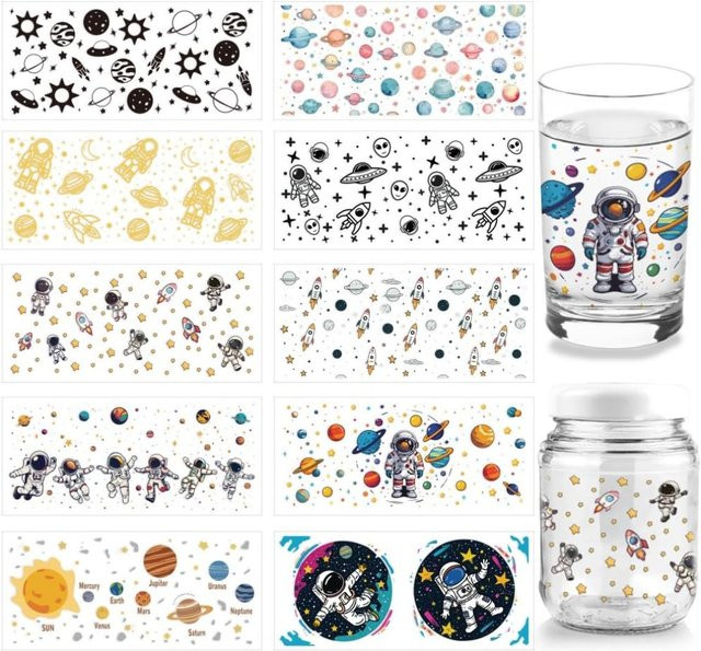 10 Blatt UV DTF Cup Wraps mit Weltraum-Motiv für 16oz Gläser, Astronauten und Galaxie, bunte Transferaufkleber aus PVC - Bild 1