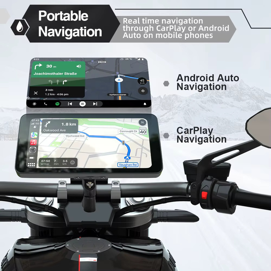 AKAMATE 6,3 Zoll CarPlay Motorrad Bildschirm mit Android Auto, GPS Navigation und Bluetooth, wasserdichtes IPS Display in Schwarz - Bild 2