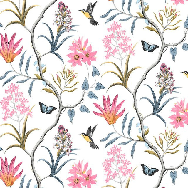 Selbstklebende Wokhome Tapete mit modernem Blumen-Vogel-Motiv in Pink und Multicolour - Bild 1