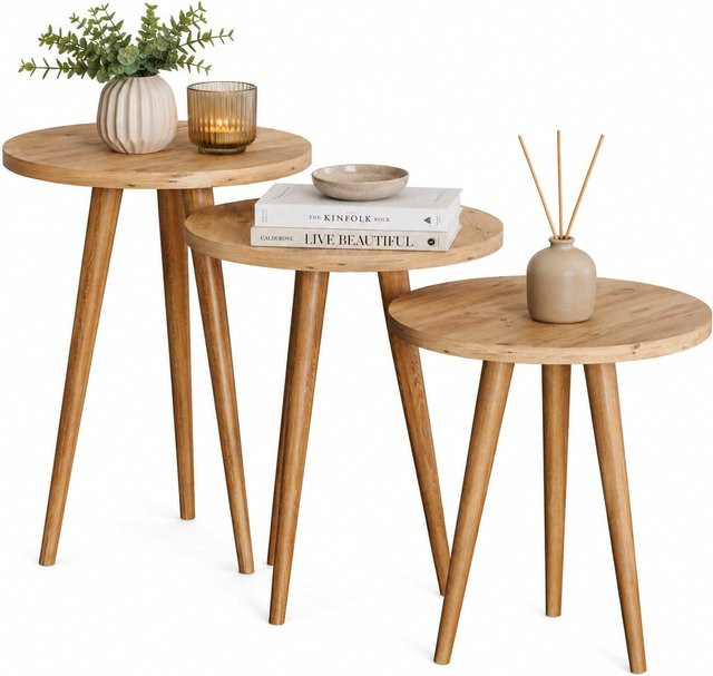 VCM 3-tlg. Beistelltisch Set Barilo in Braun mit Holzfüßen im Retro-Design, Runde Satztische für dein Wohnzimmer, Durchmesser: 34 cm - Bild 1