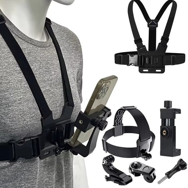 KAFNHCKA 6-teiliges Action-Kamera-Set in Schwarz mit Handy-Kopfgurt, Brustgurt-Halterung und drehbarem Telefonhalter für GoPro Hero und DJI - Bild 1