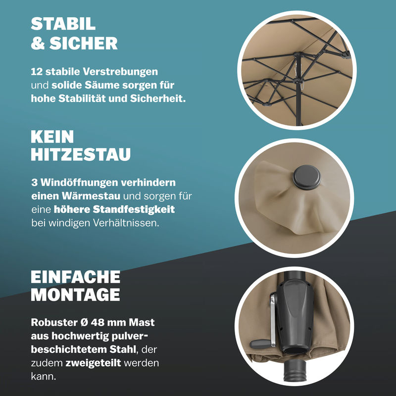 KINGSLEEVE Doppelsonnenschirm in Taupe mit UV-Schutz UPF 50+ aus Polyester und Stahl - Bild 5