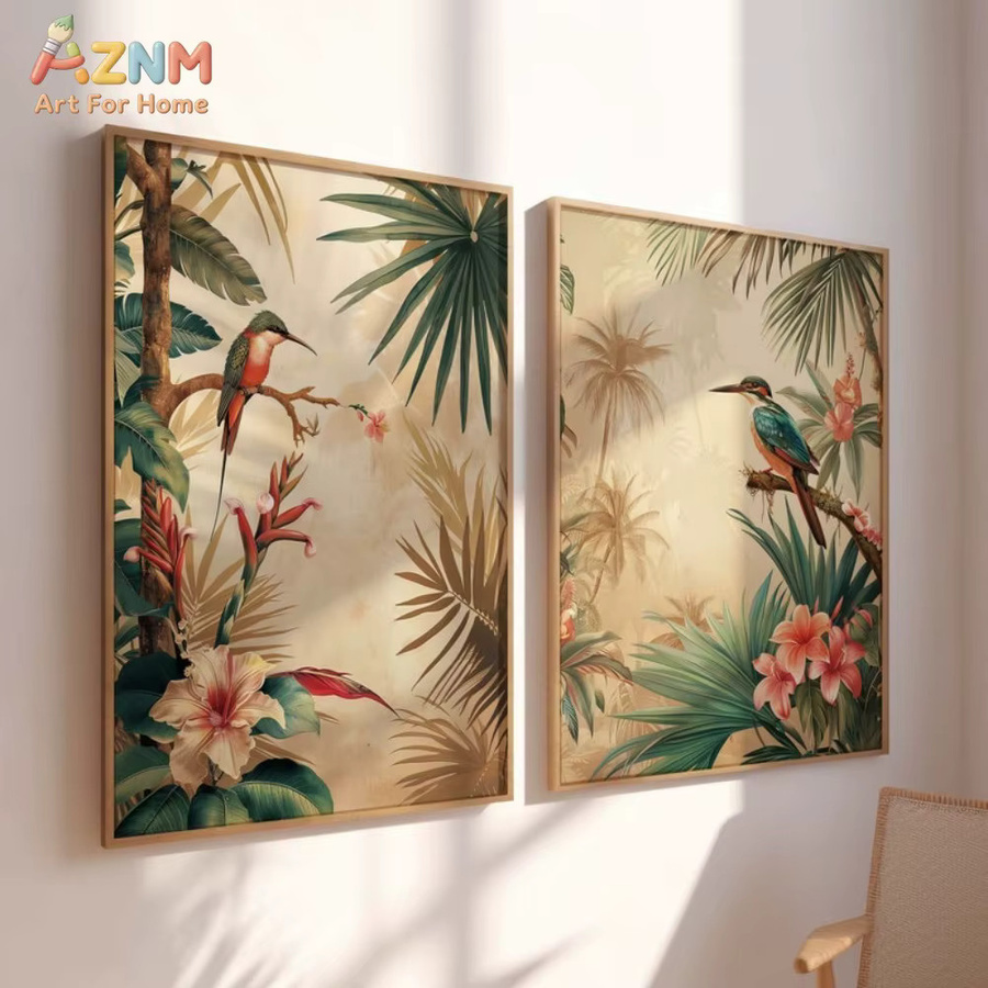 AZNM Vintage Leinwanddruck Eisvogel mit tropischen Pflanzen und floralen Elementen, ungerahmt, Mehrfarbig - Bild 2
