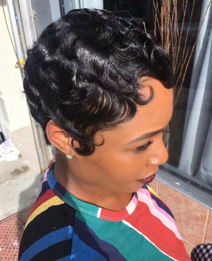 OYM HAIR Pixie-Perücke, Echthaar, lockig, Schwarz, Damen - Bild 3