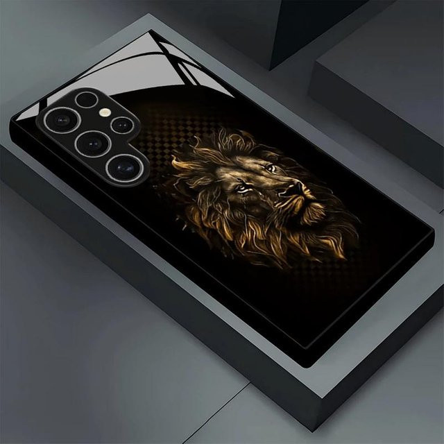 Samsung Handyhülle aus Glas mit goldenem Löwenkopf-Design in Schwarz für Galaxy S26 S25 S24 S22 S21 S20 FE Ultra Plus Edition - Bild 1