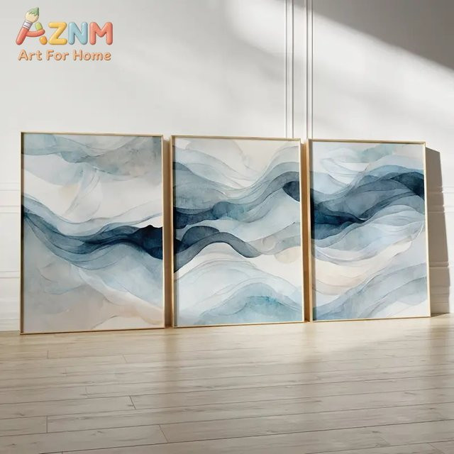 3-teiliges Set abstrakte Aquarell-Leinwandkunst von Potdemiel in Marineblau - Bild 1