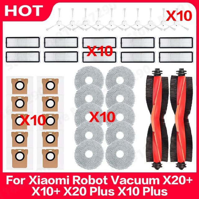 QIXIAO Zubehör-Set für Xiaomi Roboter-Staubsauger X20+ X10+ X20 Plus X10 Plus mit Staubbeuteln, Haupt- und Seitenbürsten, HEPA-Filtern und Wischmopps in Multicolor - Bild 1