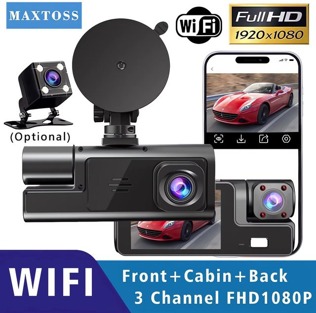 Maxtoss 3-Kanal Dashcam mit Wi-Fi, 1080P Auto-DVR für Vorderseite und Innenraum, Blackbox mit 24-Stunden-Parküberwachung, Schwarz - Bild 1