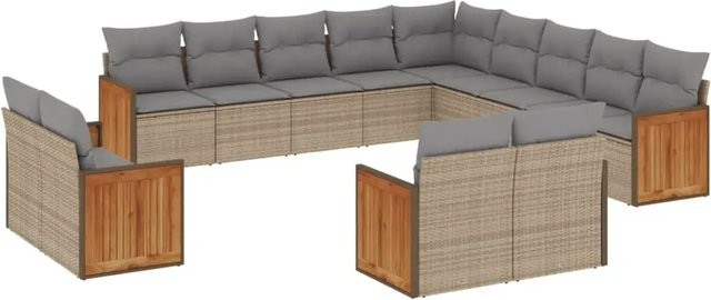 vidaXL 13-tlg. Garten-Sofagarnitur in U-Form aus Polyrattan und Akazienholz mit Kissen, Beige-grau - Bild 1