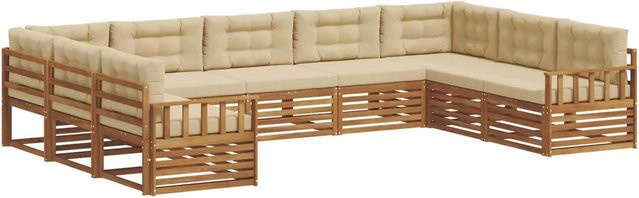 vidaXL Sofagarnitur aus Akazie Massivholz in Natur und Beige, 9-teiliges Gartenmöbel-Set in U-Form mit Sitz- und Rückenkissen - Bild 1