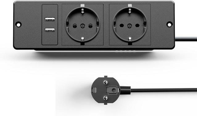 Eingebettete Steckdosenleiste in Schwarz mit 2 AC-Steckdosen, 2 USB-Anschlüssen und 1,5 m Kabel für Büro- und Konferenztische - Bild 1
