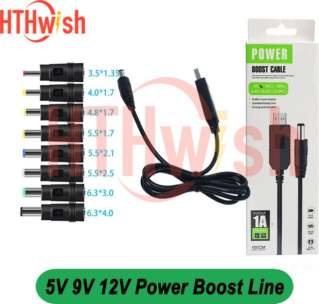 USB DC zu DC Step-up Boost Kabel Set mit 8-in-1 Adapter Konverter in Schwarz für 5V 9V 12V und 5,5mm x 2,1/2,5mm Stecker - Bild 1