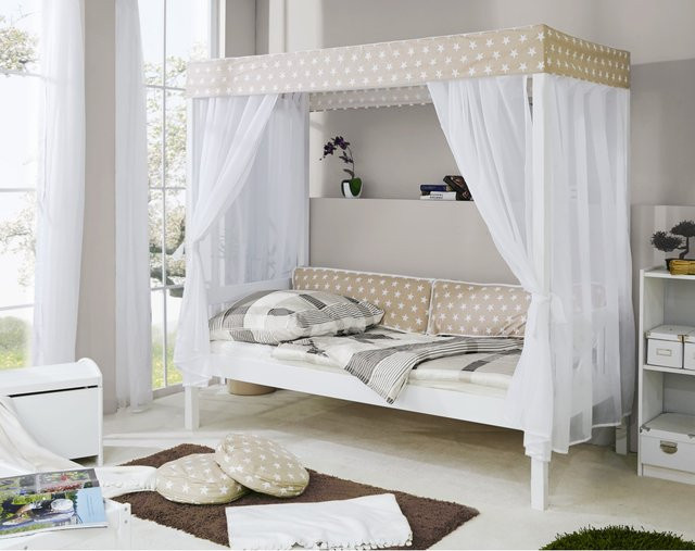 TiCAA Himmelbett aus Kiefer mit Baldachin in Beige und Weiß mit Sternen-Design im skandinavischen Stil - Bild 1