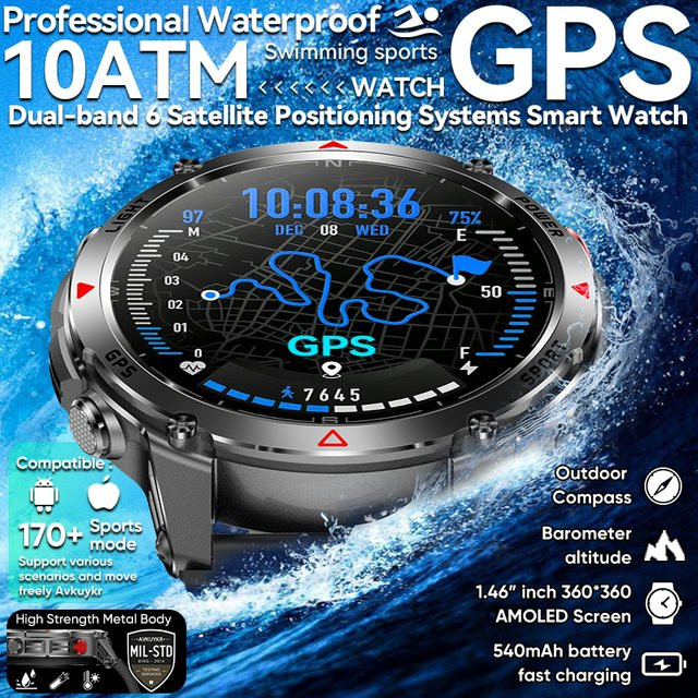 GUHUAVMI T-Rex 3 Pro Smartwatch in Schwarz mit AMOLED-Display, Dualband GNSS, AGPS, Kompass und Höhenmesser, 10 ATM wasserdicht für Sport und Schwimmen - Bild 1