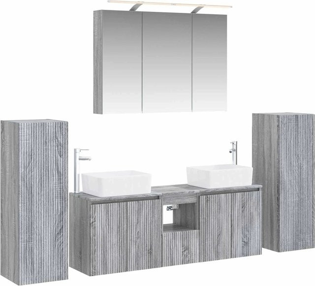vidaXL Badezimmermöbel-Set 6-teilig in Grau Sonoma, modern mit Waschtischunterschrank, Spiegelschrank mit LED-Beleuchtung und Wandschränken aus Holz und Glas - Bild 1