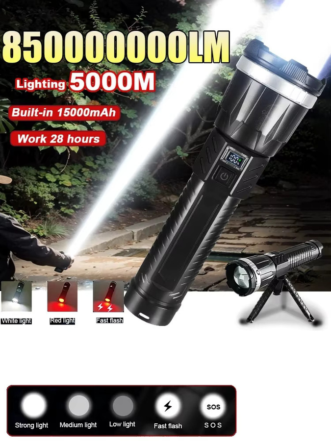 Heinast Super Leistungsstarke LED Taschenlampe mit COB Laterne und 3*18650 Akku, Schwarz, Aluminium - Bild 6