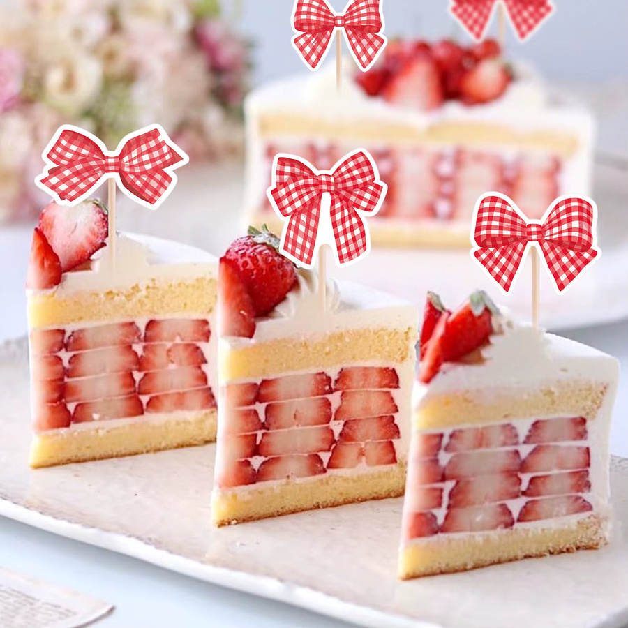 24er Set Rote Schleife Cupcake Topper im Plaid-Design für Hochzeit, Geburtstag und Valentinstag als DIY Party Dekoration - Bild 5