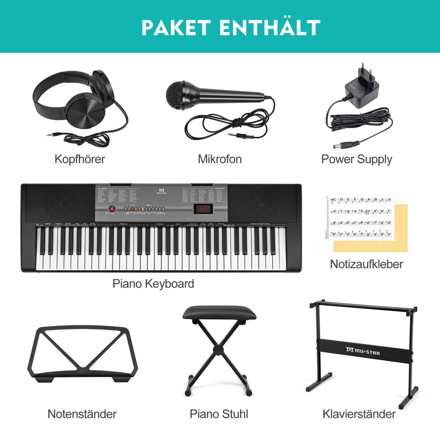 MUSTAR Digitales Klavier Keyboard mit 61 Tasten und Leuchttasten in Schwarz für Anfänger mit intelligenter Lernfunktion - Bild 6