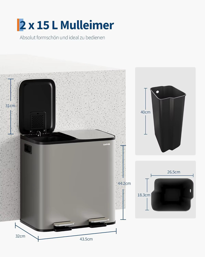 Mülleimer Küche mit 2 Fächern und Softclose-Deckel, Mülltrennsystem aus Edelstahl in Silber/Grau, 2 x 15 Liter, Tretmülleimer mit herausnehmbaren Inneneimern - Bild 3