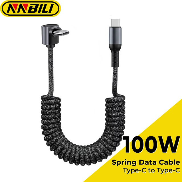 NNBILI Typ-C-auf-Typ-C-Spiralkabel mit Geflechtung in Lila, 90-Grad-Stecker, schnelles Ladekabel für iPhone und Samsung Galaxy - Bild 1