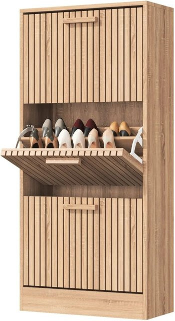 PXloue Schuhschrank aus Weide in Braun mit 3 Klappfächern für Eingangsbereich, Wohnzimmer und Ankleidezimmer, B/T/H: 60 x 24 x 113 cm - Bild 1