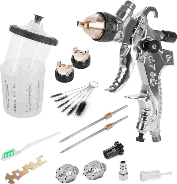 STAHLWERK HVLP Lackierpistole SG-250 ST Sprühpistole mit 650 ml Fließbecher und Reinigungssatz in Weiß/Silber - Bild 1