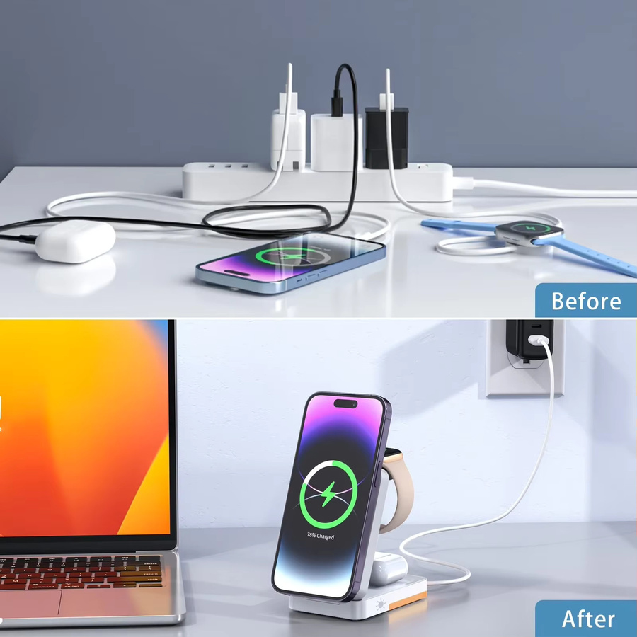 VIKEFON 3-in-1 Faltbare Schnellladestation mit LED-Licht für iPhone, Apple Watch und AirPods in Schwarz - Bild 3