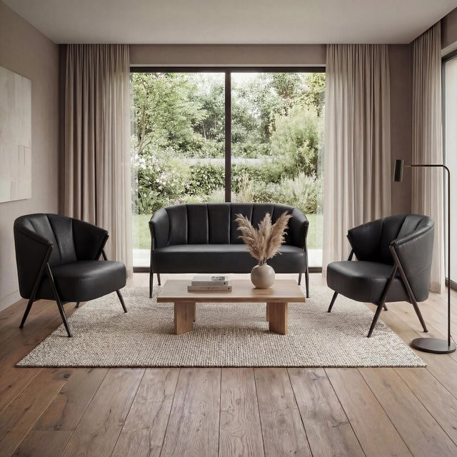 MCW Wohnzimmer-Set P30 im Vintage Retro Industrial Stil mit 2er-Sofa und 2 Sesseln aus Kunstleder und Metall in Schwarz - Bild 1